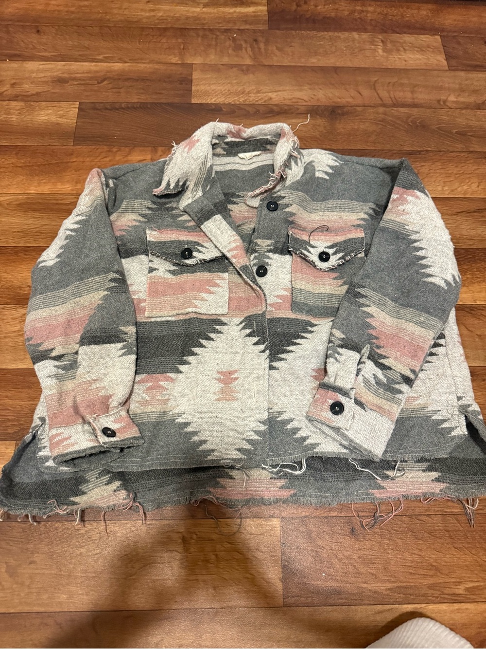 LA MIEL Aztec Utility Shacket in Gray, Pink, and Cream